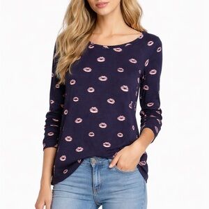 Joie Annora B Navy Lips Print Long Sleeve Top | Size Small | NWT